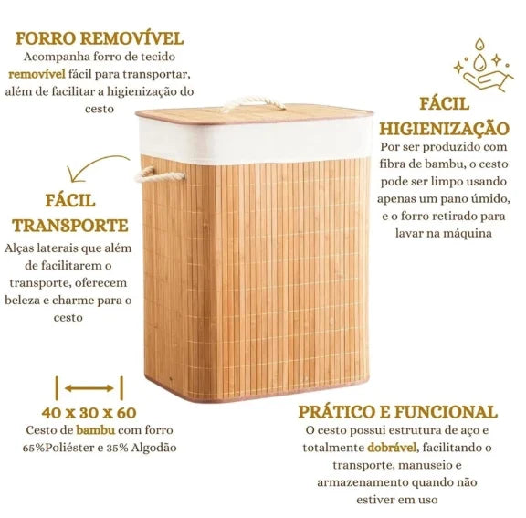 Cesto De Roupa Suja Bambu Com Tampa