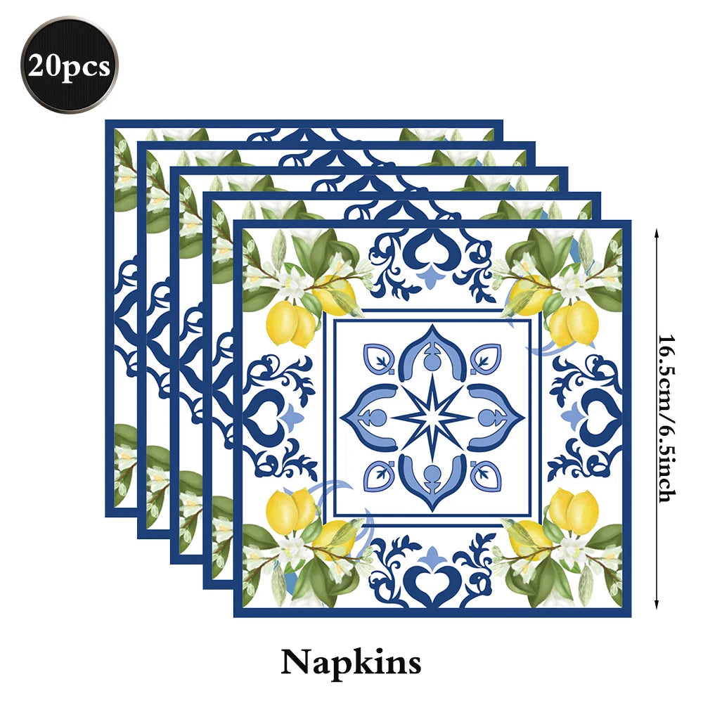 Conjunto de Louças de Festa Mediterrâneo com Azulejos Azuis e Limões, Pratos, Copos e Guardanapos para Decoração de Chá de Panela, Casamento e Aniversário