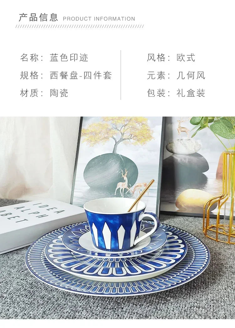 Estilo europeu simples e luxuoso selo azul prato de jantar ocidental bife decoração chá da tarde dim sum bolo talheres