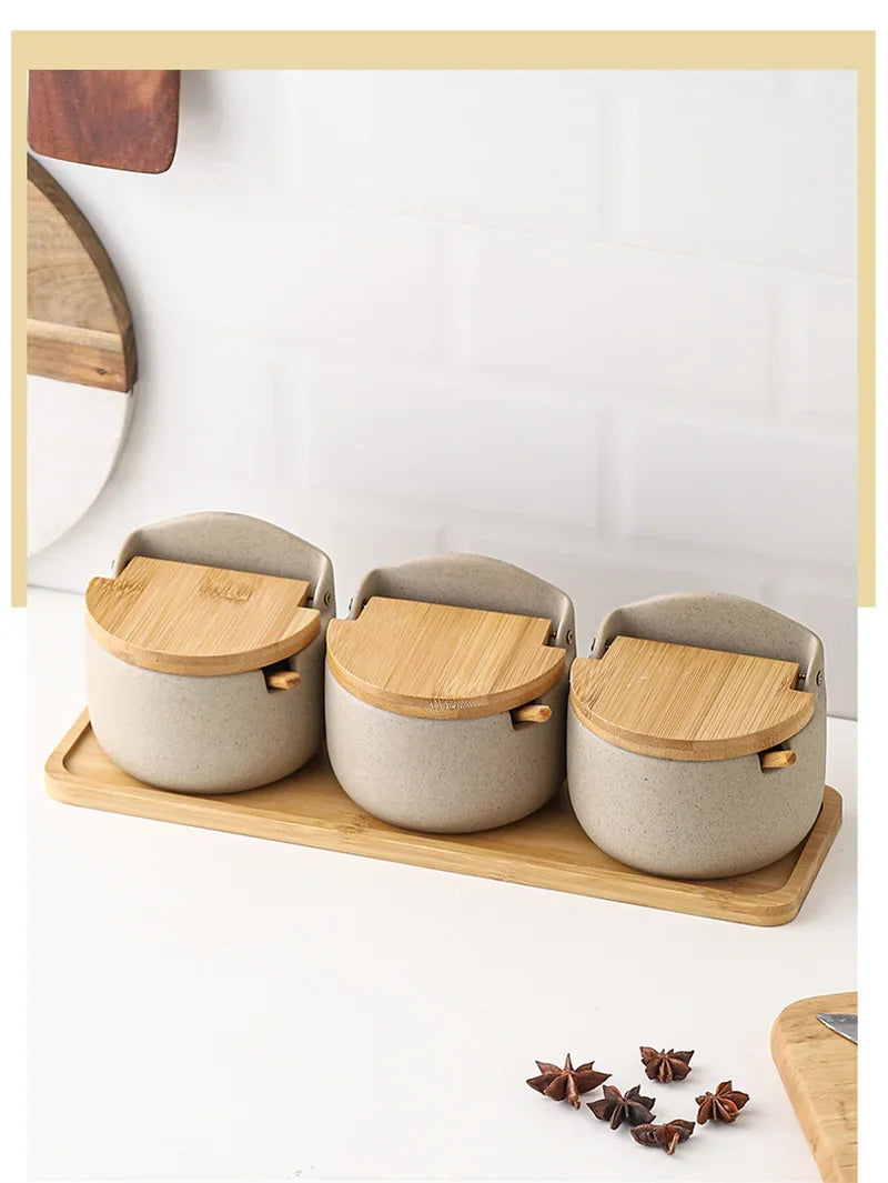 Saleiro ou porta-temperos de cerâmica com colher de bambu