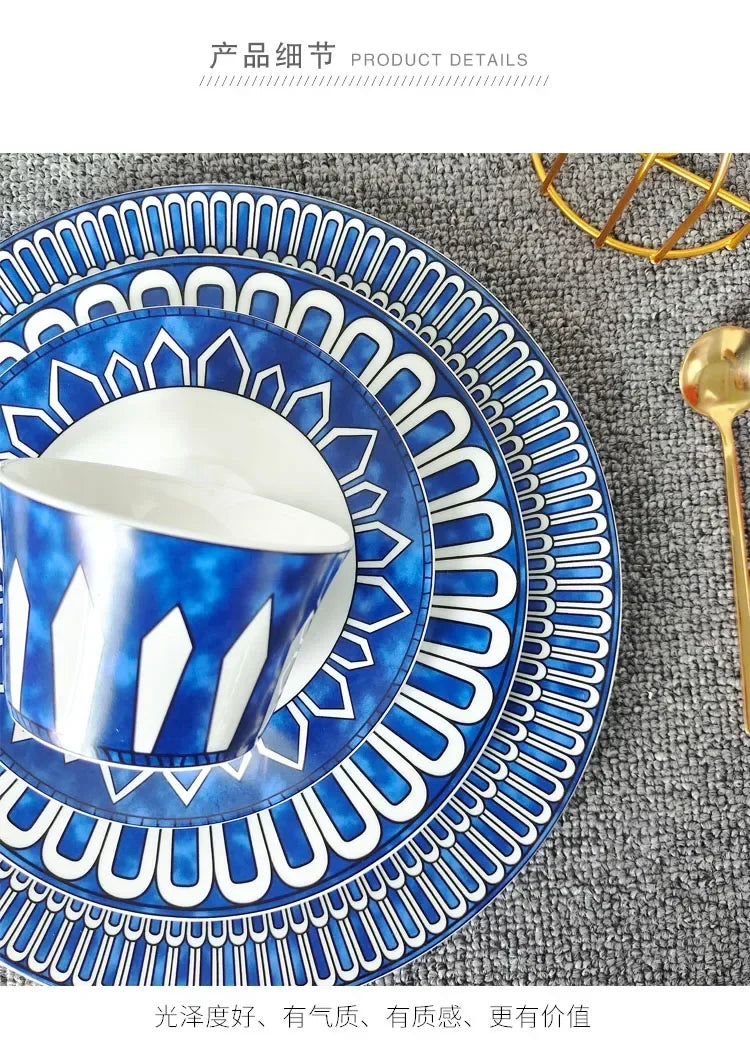 Estilo europeu simples e luxuoso selo azul prato de jantar ocidental bife decoração chá da tarde dim sum bolo talheres