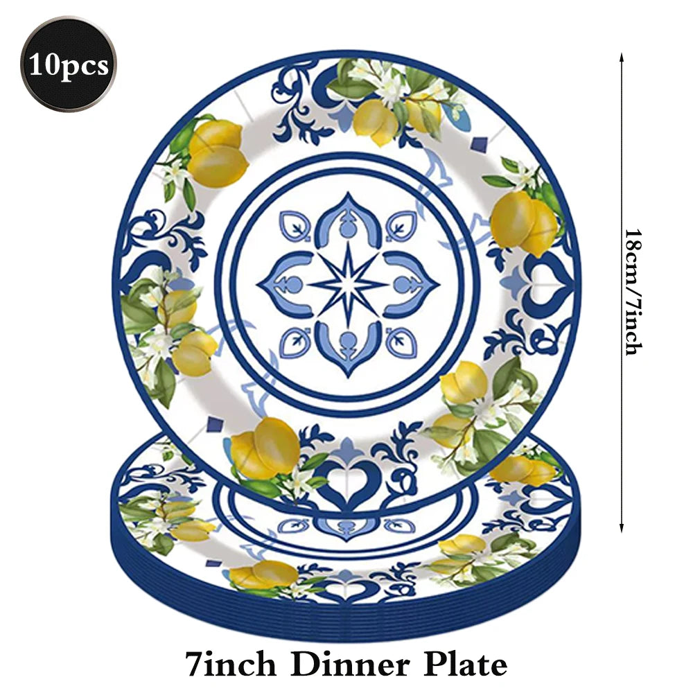 Conjunto de Louças de Festa Mediterrâneo com Azulejos Azuis e Limões, Pratos, Copos e Guardanapos para Decoração de Chá de Panela, Casamento e Aniversário