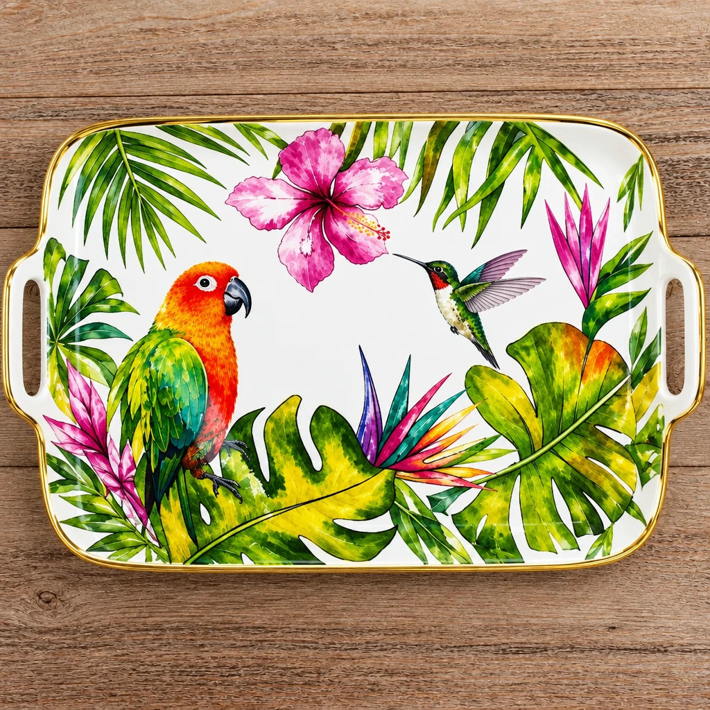 Conjunto de Pratos de Jantar Estilo Boêmio com Estampa de Papagaio Tropical e Flores