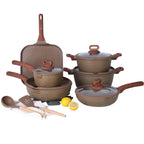 Conjunto de panelas antiaderentes de cerâmica ou granito em tom bege/creme