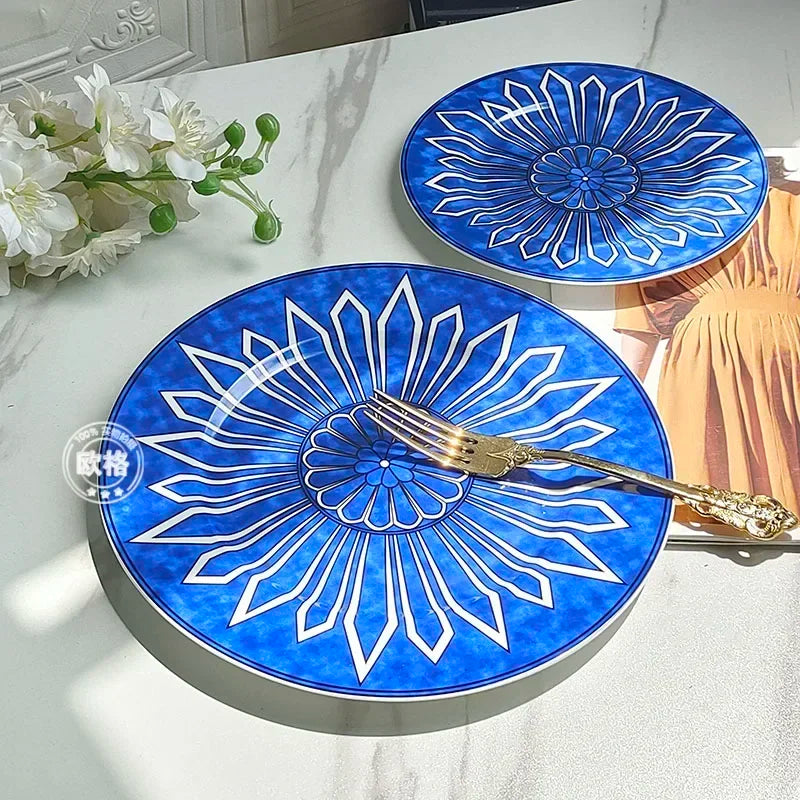 Estilo europeu simples e luxuoso selo azul prato de jantar ocidental bife decoração chá da tarde dim sum bolo talheres