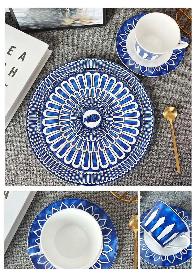 Estilo europeu simples e luxuoso selo azul prato de jantar ocidental bife decoração chá da tarde dim sum bolo talheres
