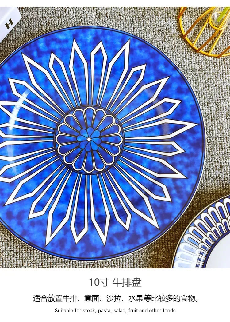 Estilo europeu simples e luxuoso selo azul prato de jantar ocidental bife decoração chá da tarde dim sum bolo talheres
