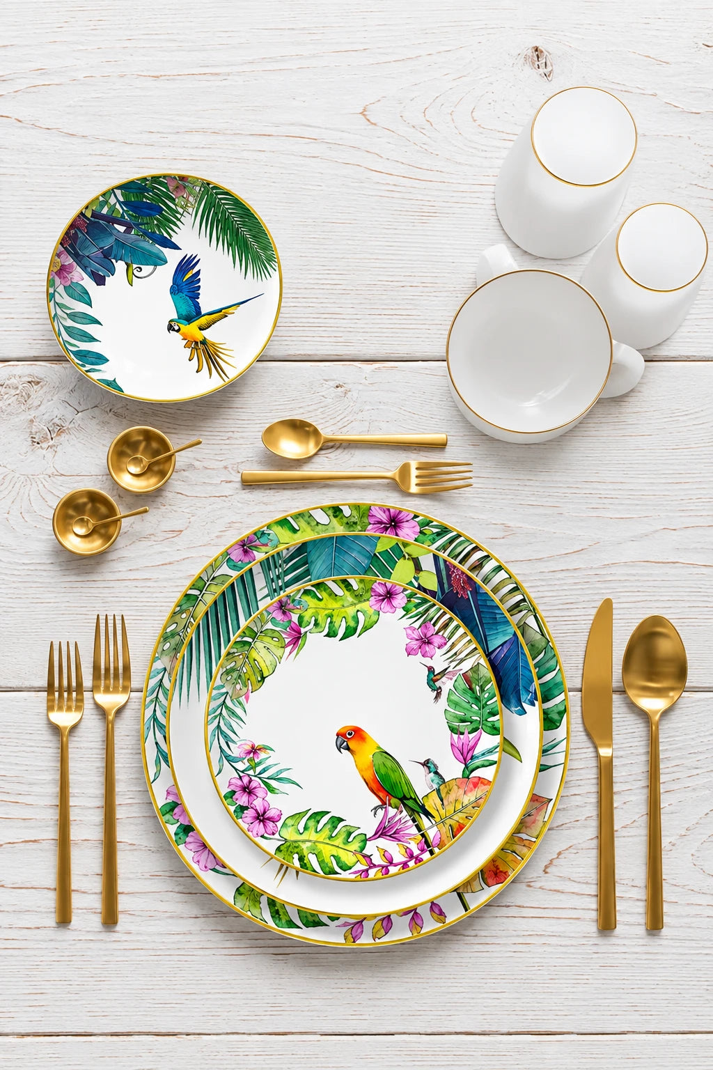 Conjunto de Pratos de Jantar Estilo Boêmio com Estampa de Papagaio Tropical e Flores