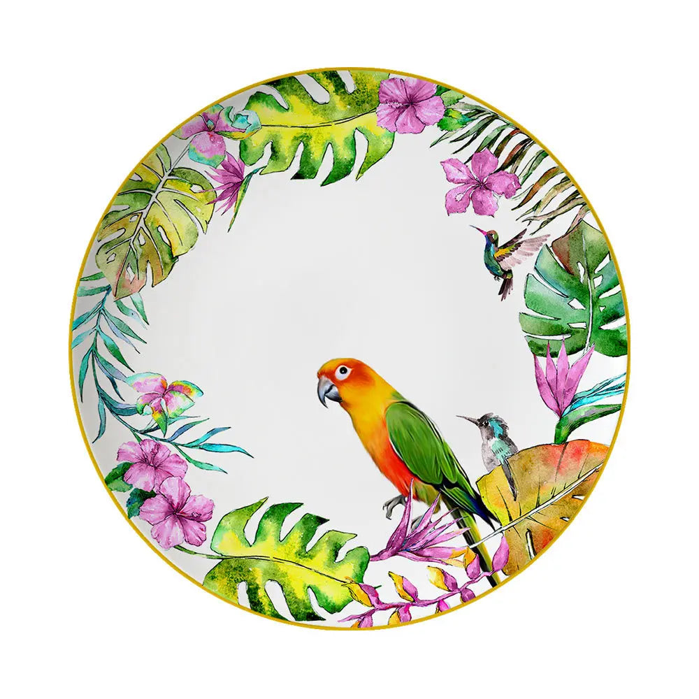 Conjunto de Pratos de Jantar Estilo Boêmio com Estampa de Papagaio Tropical e Flores