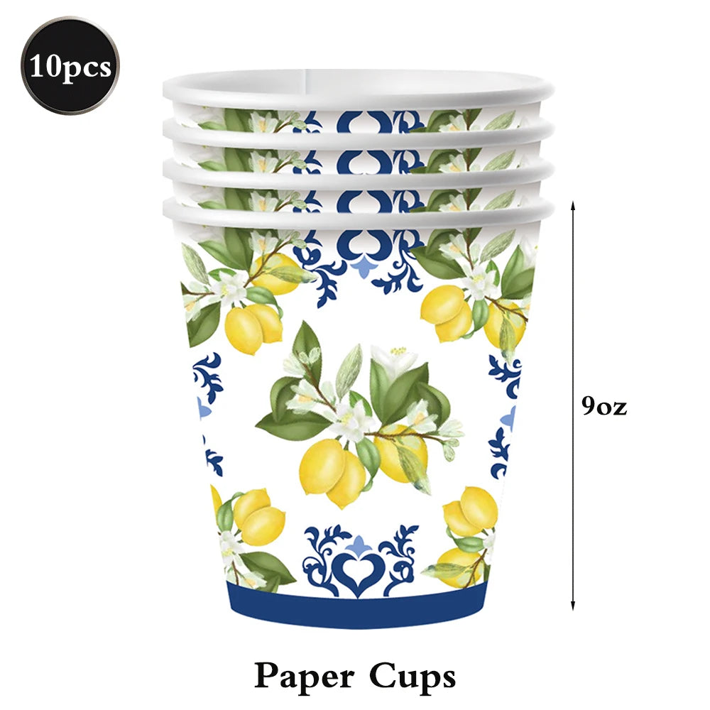 Conjunto de Louças de Festa Mediterrâneo com Azulejos Azuis e Limões, Pratos, Copos e Guardanapos para Decoração de Chá de Panela, Casamento e Aniversário