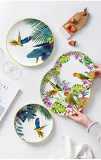 Conjunto de Pratos de Jantar Estilo Boêmio com Estampa de Papagaio Tropical e Flores
