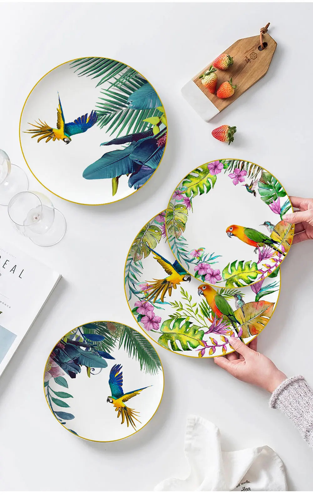 Conjunto de Pratos de Jantar Estilo Boêmio com Estampa de Papagaio Tropical e Flores