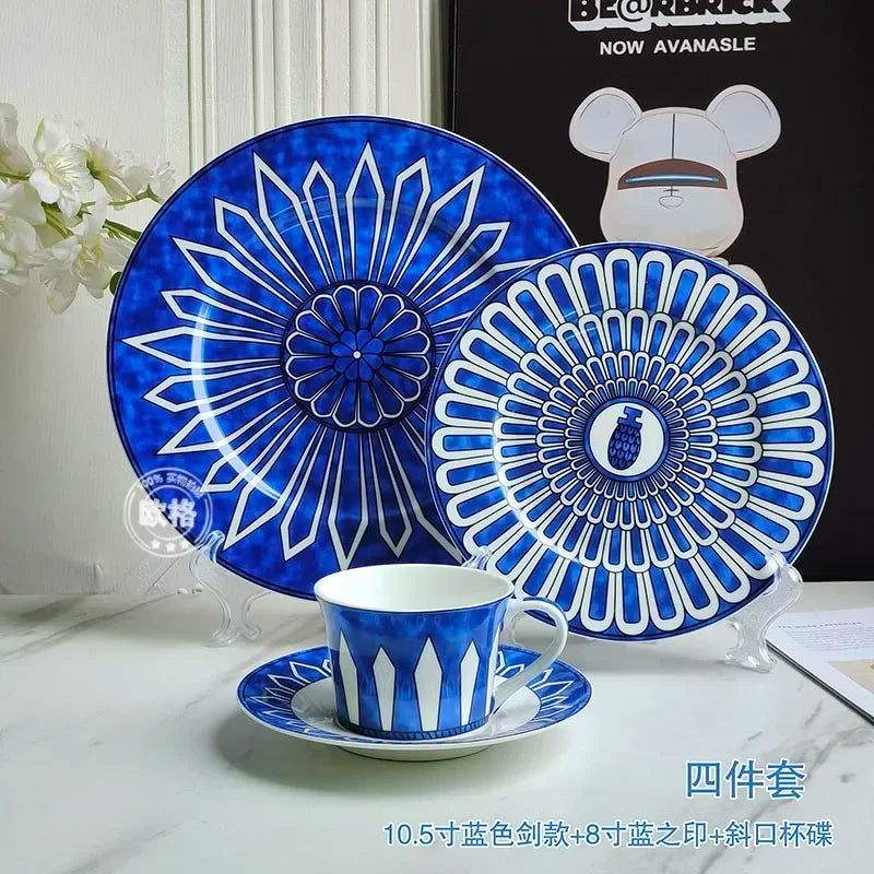 Estilo europeu simples e luxuoso selo azul prato de jantar ocidental bife decoração chá da tarde dim sum bolo talheres