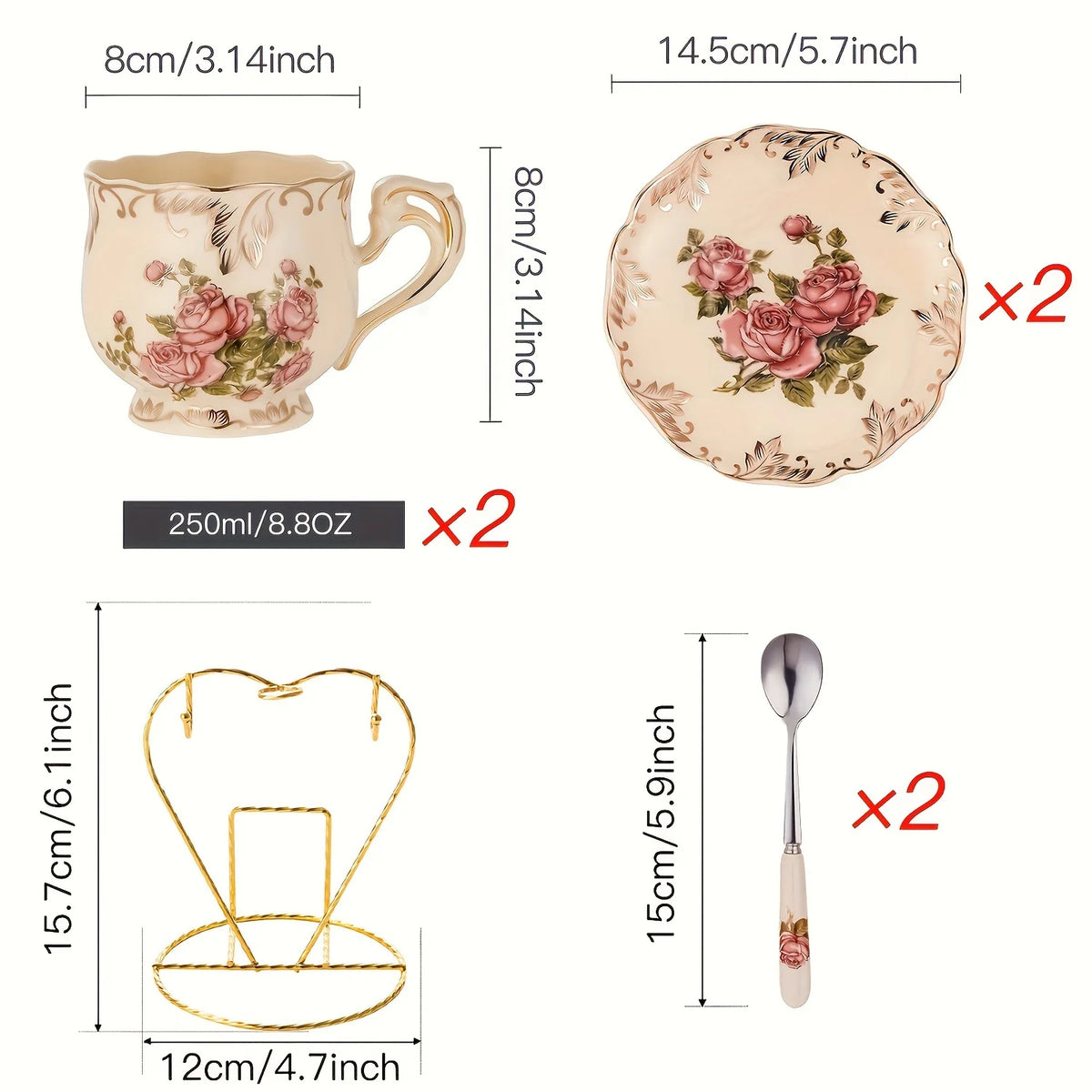 Conjunto de xícaras florais de cerâmica marfim