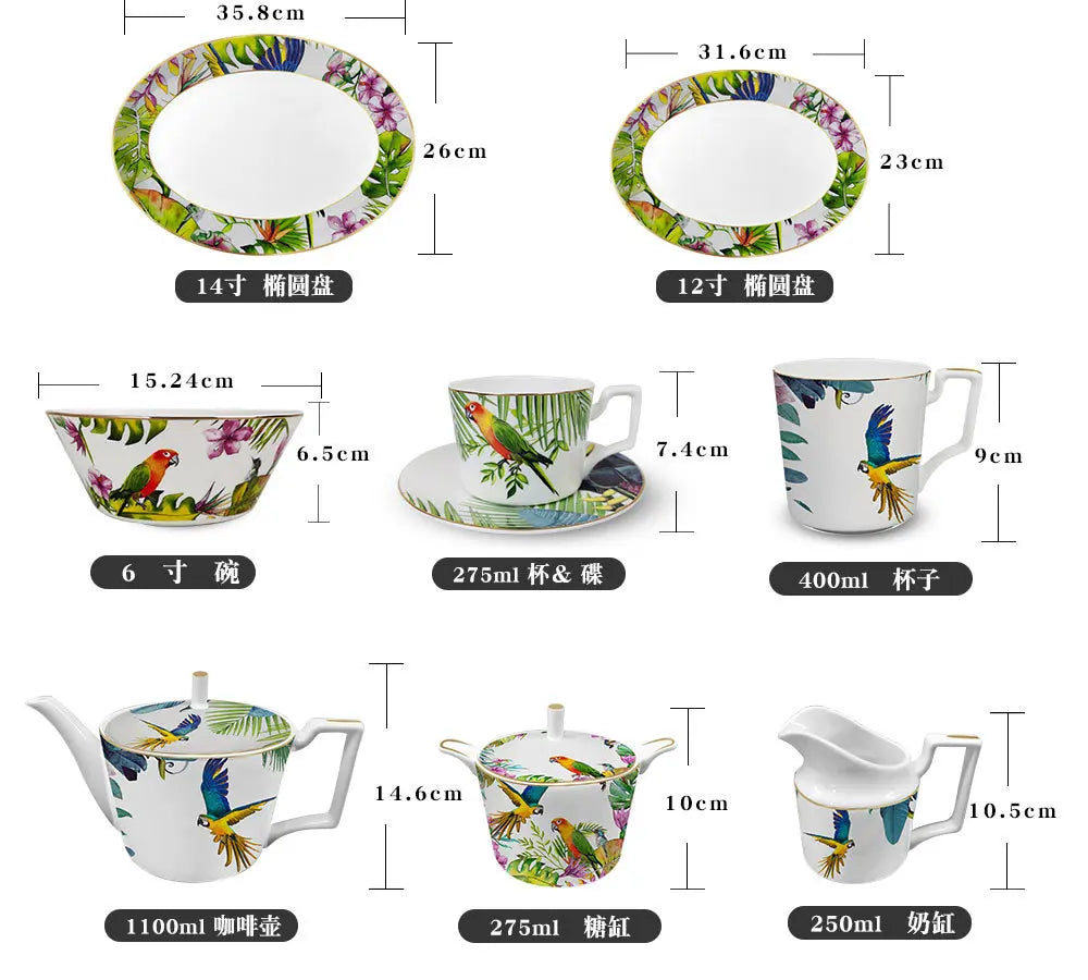 Conjunto de Pratos de Jantar Estilo Boêmio com Estampa de Papagaio Tropical e Flores