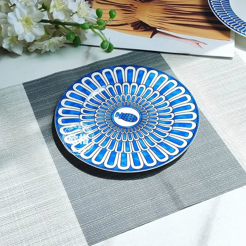 Estilo europeu simples e luxuoso selo azul prato de jantar ocidental bife decoração chá da tarde dim sum bolo talheres