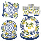 Conjunto de Louças de Festa Mediterrâneo com Azulejos Azuis e Limões, Pratos, Copos e Guardanapos para Decoração de Chá de Panela, Casamento e Aniversário