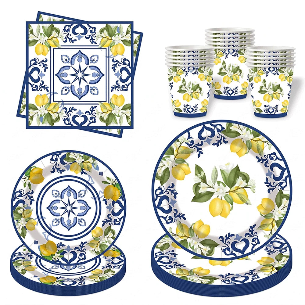 Conjunto de Louças de Festa Mediterrâneo com Azulejos Azuis e Limões, Pratos, Copos e Guardanapos para Decoração de Chá de Panela, Casamento e Aniversário
