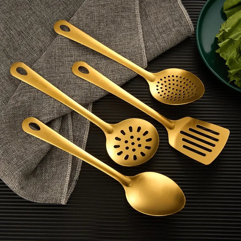 Kit Utensílios Dourados: Aço Inoxidável Premium para Cozinha de Chef