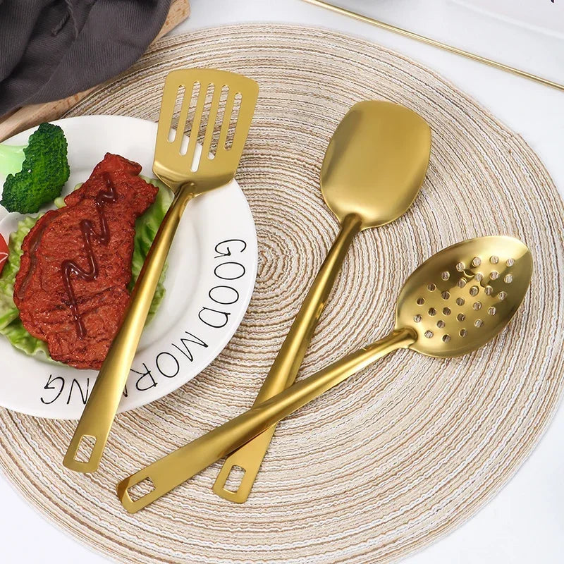 Kit Utensílios Dourados: Aço Inoxidável Premium para Cozinha de Chef