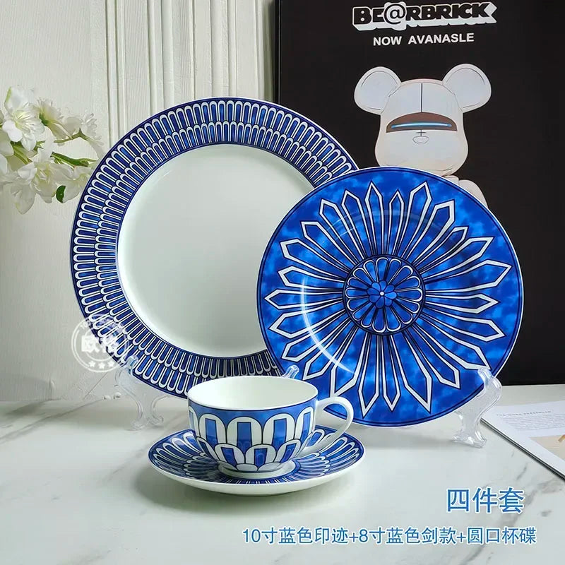 Estilo europeu simples e luxuoso selo azul prato de jantar ocidental bife decoração chá da tarde dim sum bolo talheres