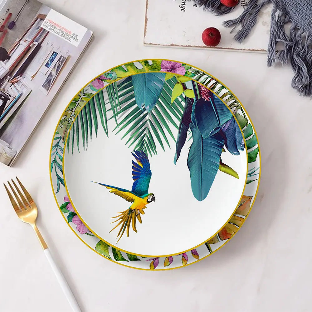 Conjunto de Pratos de Jantar Estilo Boêmio com Estampa de Papagaio Tropical e Flores
