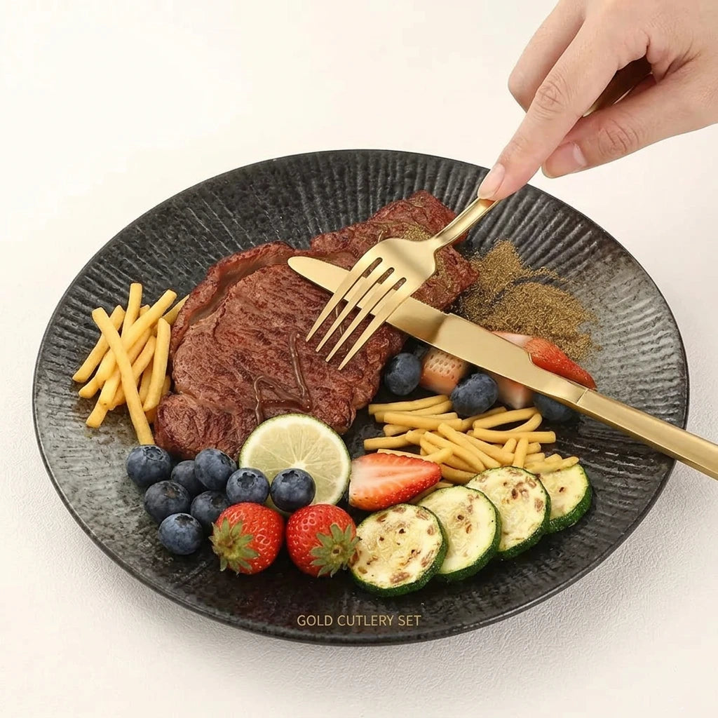 Conjunto de Talheres Dourados: Aço Inoxidável com Brilho Espelhado