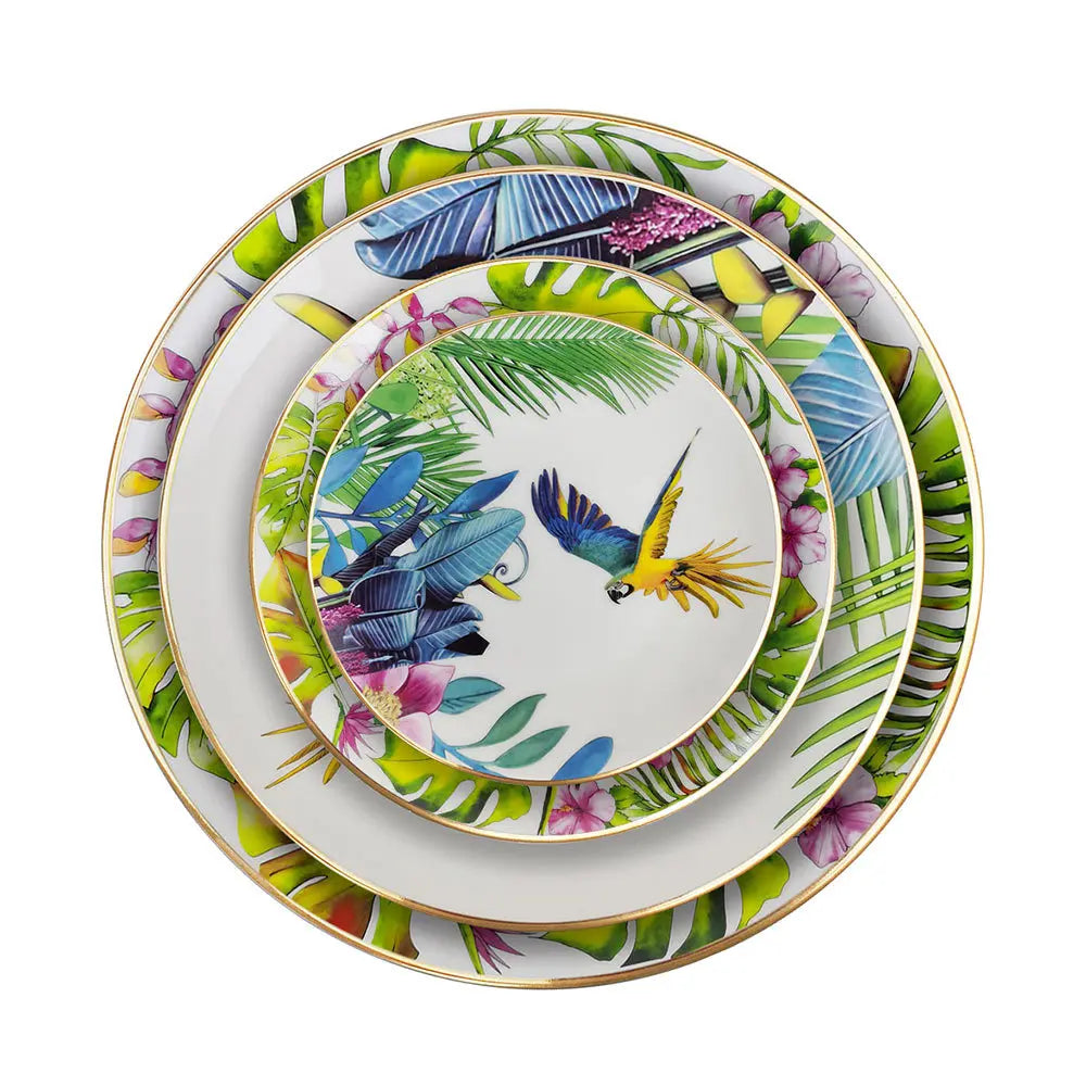 Conjunto de Pratos de Jantar Estilo Boêmio com Estampa de Papagaio Tropical e Flores