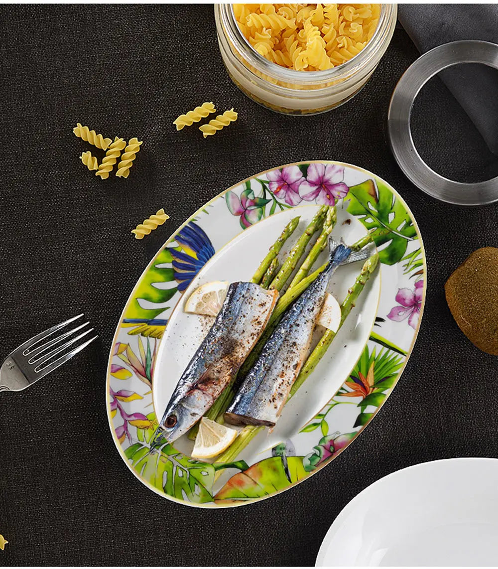 Conjunto de Pratos de Jantar Estilo Boêmio com Estampa de Papagaio Tropical e Flores