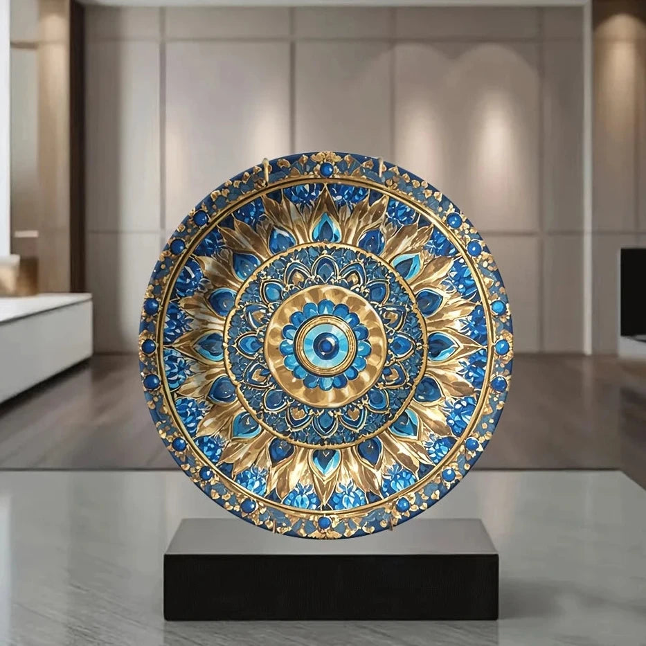 Prato Decorativo de Cerâmica Mandala Azul e Dourado de Luxo