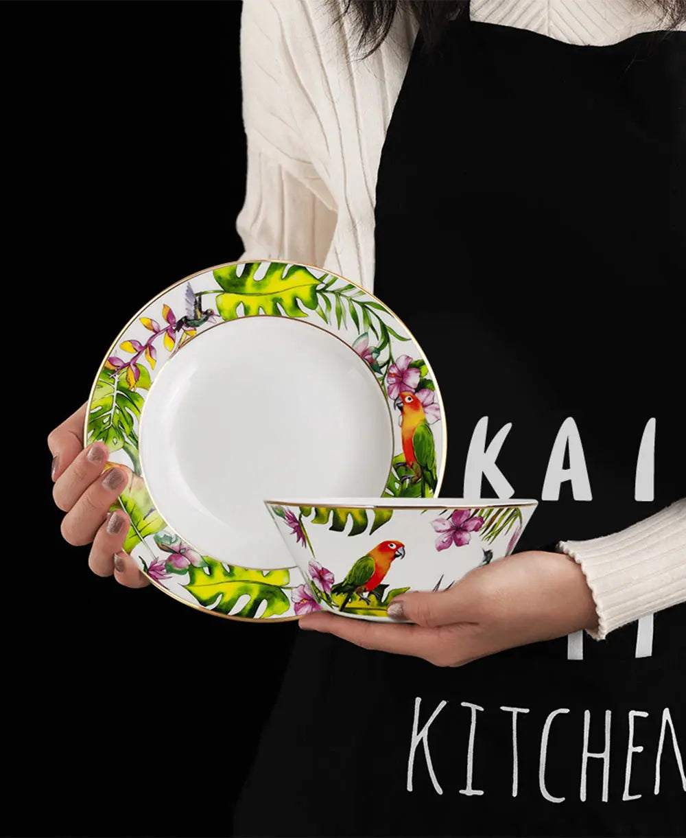 Conjunto de Pratos de Jantar Estilo Boêmio com Estampa de Papagaio Tropical e Flores