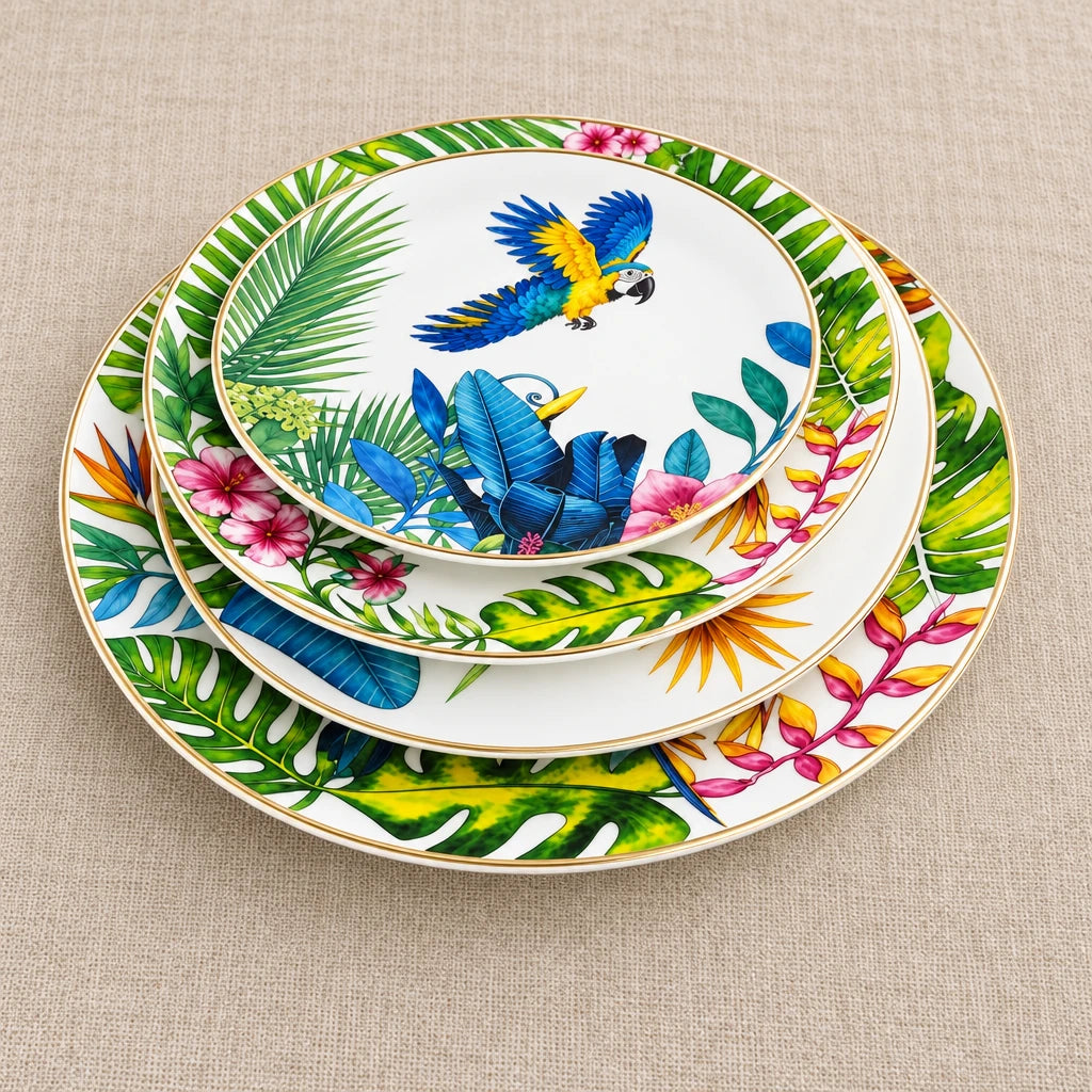 Conjunto de Pratos de Jantar Estilo Boêmio com Estampa de Papagaio Tropical e Flores