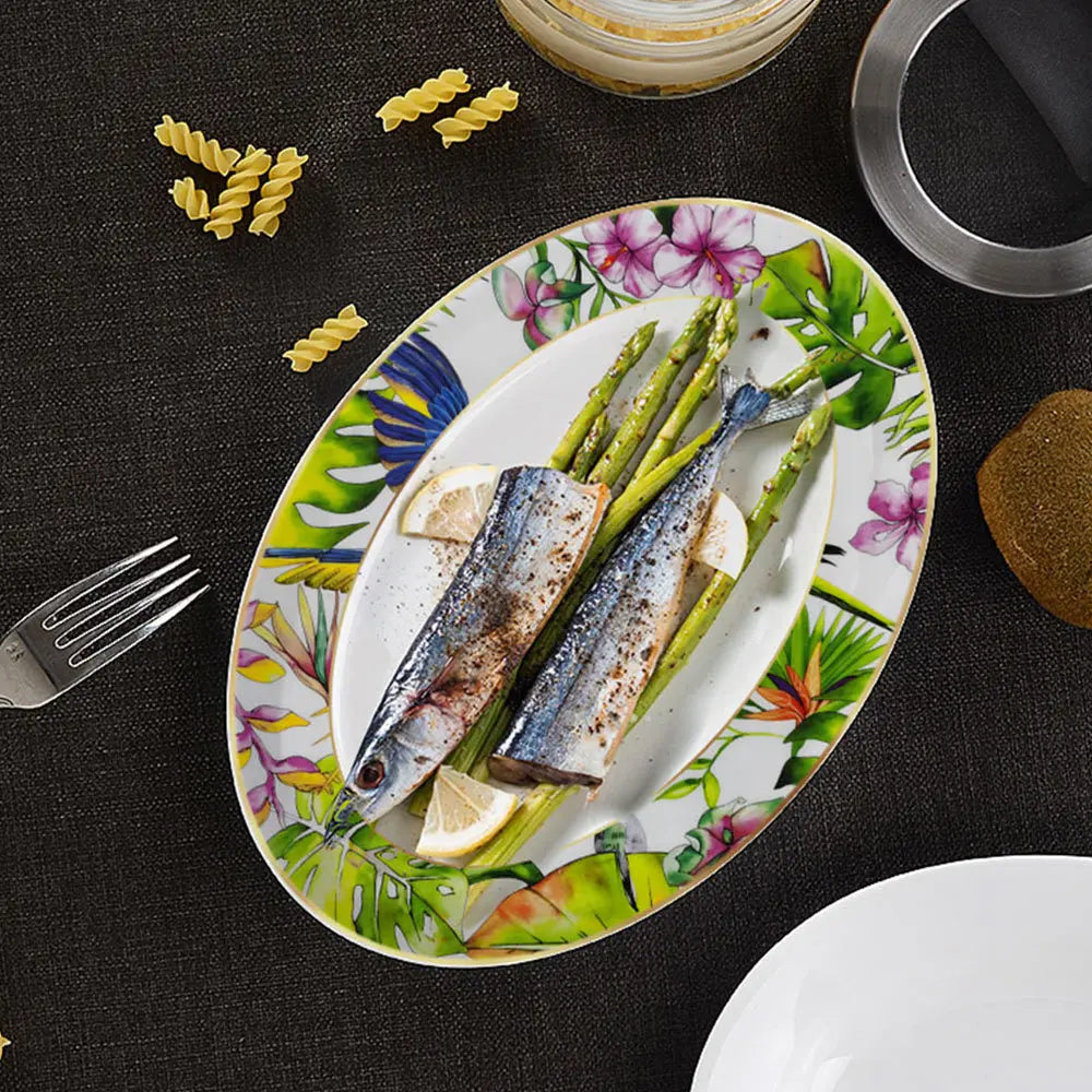 Conjunto de Pratos de Jantar Estilo Boêmio com Estampa de Papagaio Tropical e Flores