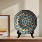 Prato Decorativo de Cerâmica Mandala Azul e Dourado de Luxo