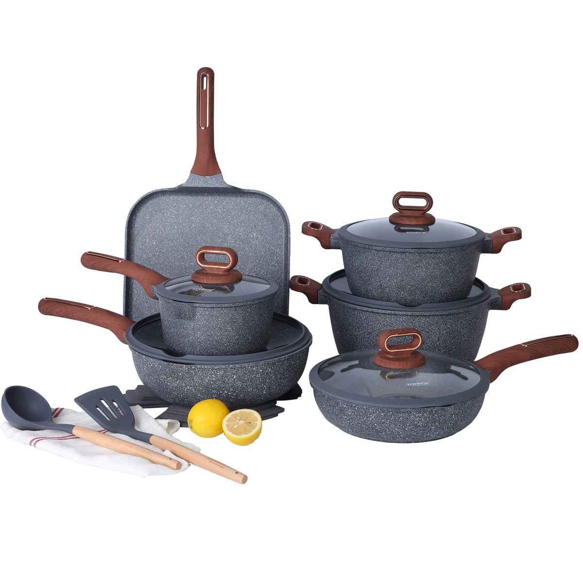 Conjunto de panelas antiaderentes de cerâmica ou granito em tom bege/creme