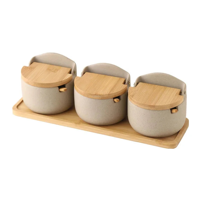 Saleiro ou porta-temperos de cerâmica com colher de bambu