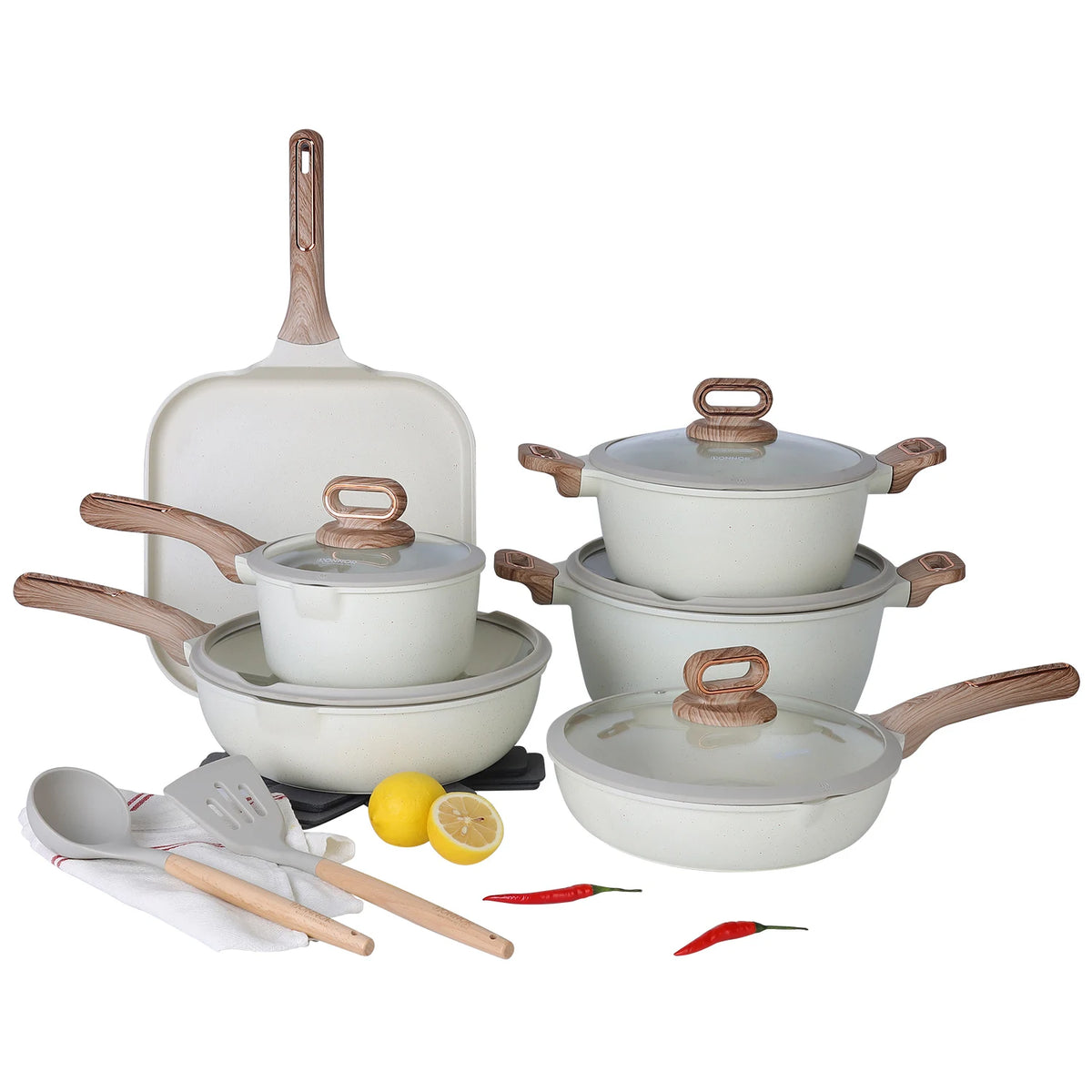 Conjunto de panelas antiaderentes de cerâmica ou granito em tom bege/creme