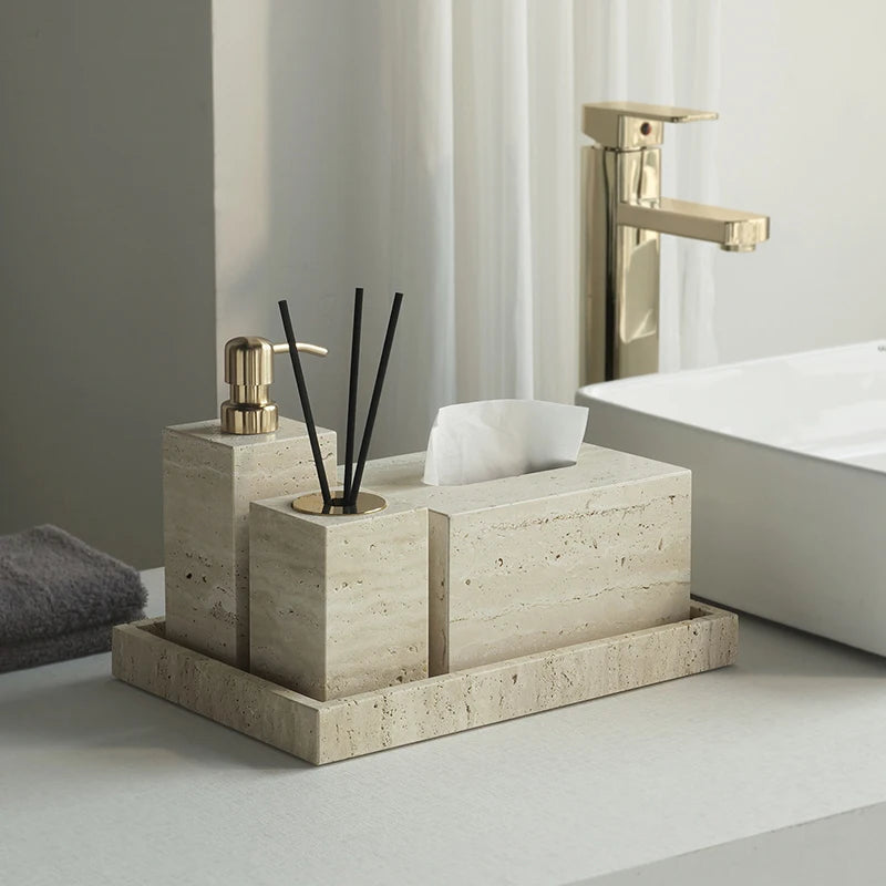 Conjunto de Acessórios de Banheiro em Travertino Luxuoso
