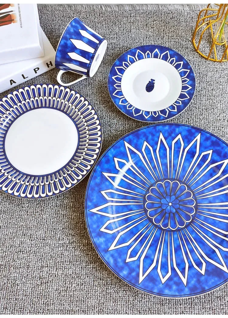 Estilo europeu simples e luxuoso selo azul prato de jantar ocidental bife decoração chá da tarde dim sum bolo talheres
