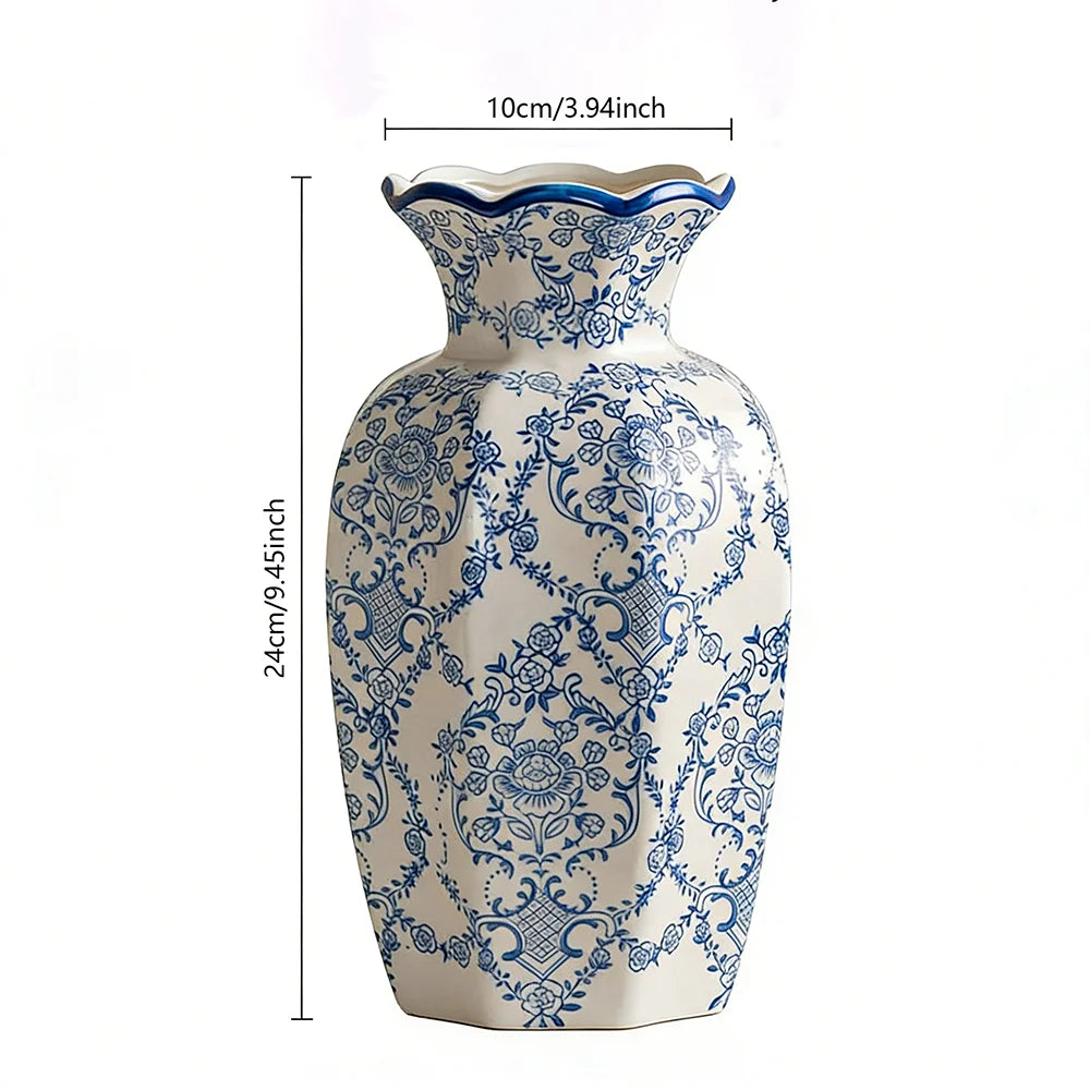 Vaso Cerâmico Clássico Azul e Branco Pintado à Mão