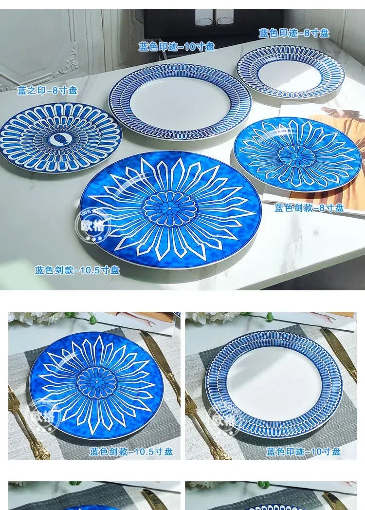 Estilo europeu simples e luxuoso selo azul prato de jantar ocidental bife decoração chá da tarde dim sum bolo talheres